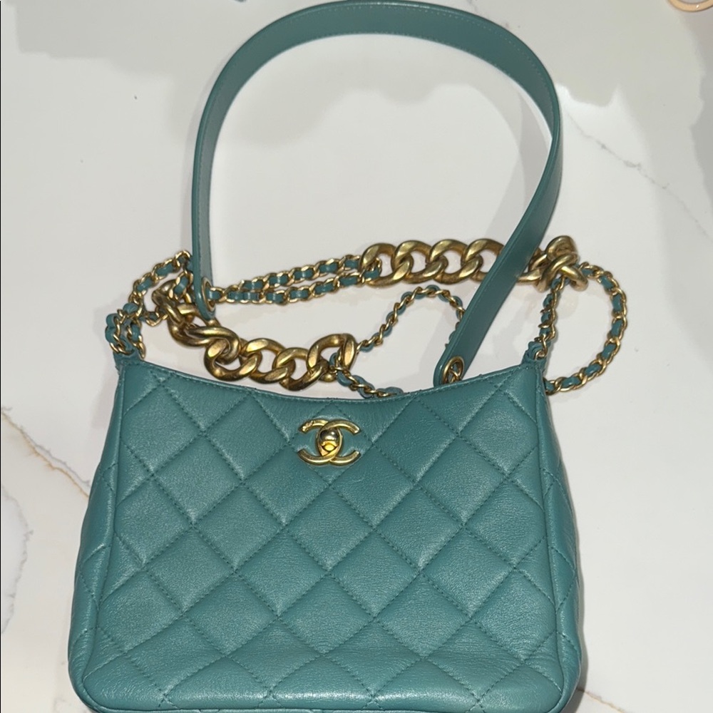 CHANEL Blue and Gold Quilted Shoulder Bag
